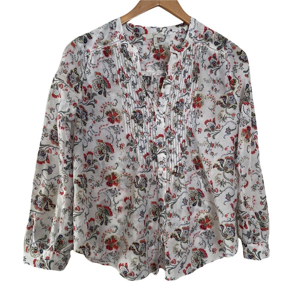 Joie Button Down Shirt XS White Floral Silk Cotton Blend Pintuck Top Blouse
